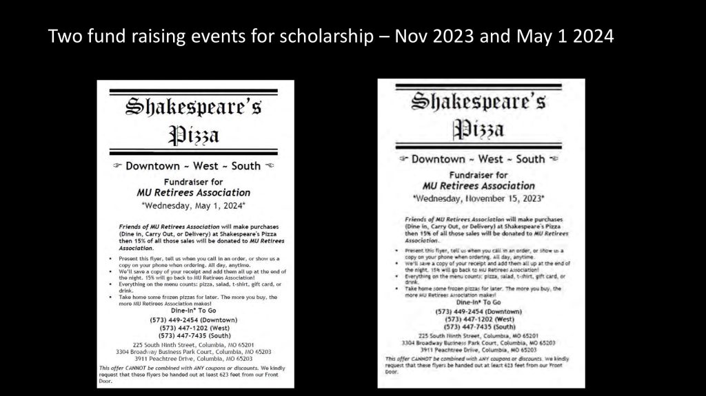 Shakespeare’s Pizza Fundraising events for Scholarships
November 2023 and May 2024
