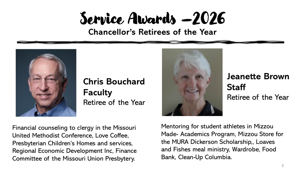 Services - Awards
Chancellors’s Retiree of the Year 2026
- Chris Bouchard - faculty award
- Jeannette Brown - staff award 